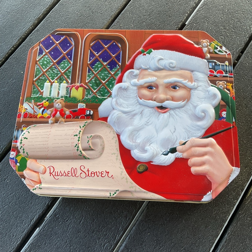 Russell Stover Empty Christmas Tin 10” by 8” Great Condition Great Colors